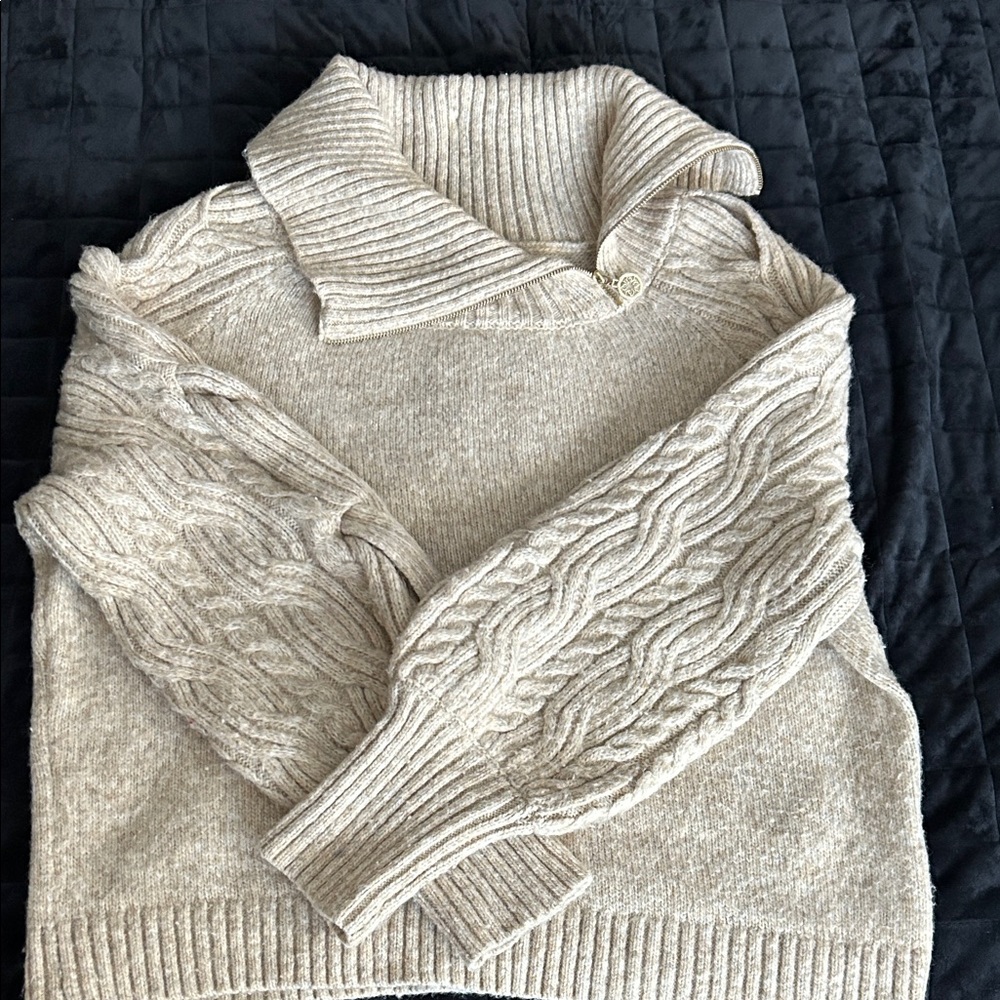 White House Black Market Cream Cable-Sleeve Zip-Collar Sweater - Picture 2 of 4